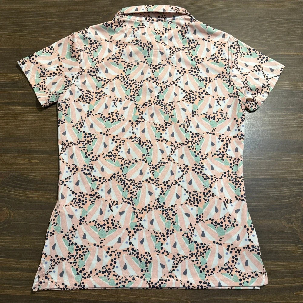 Bad Birdie Polo Top Women's Medium Golf Fish Polka Dot Full Graphic Activewear